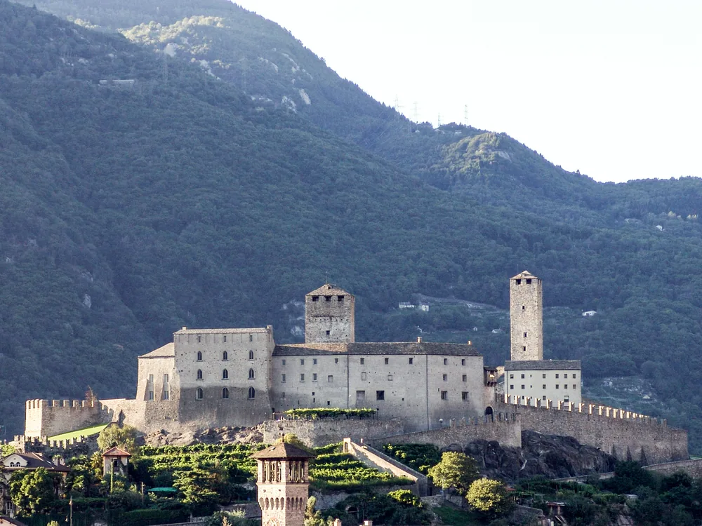 Castel Grande's Torre Bianca and Torre Nera above Bellinzona, Ticino, Switzerland