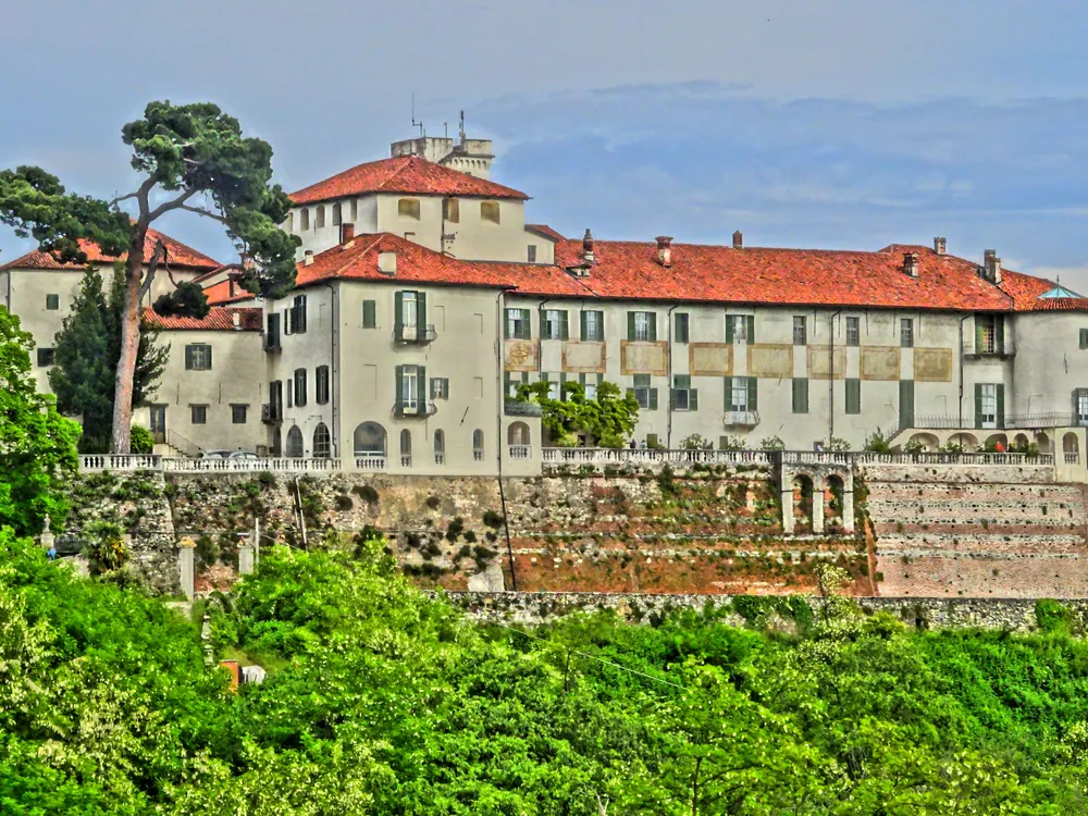 Castello di Masino's medieval towers and Baroque facade above the Canavese plain, Piedmont