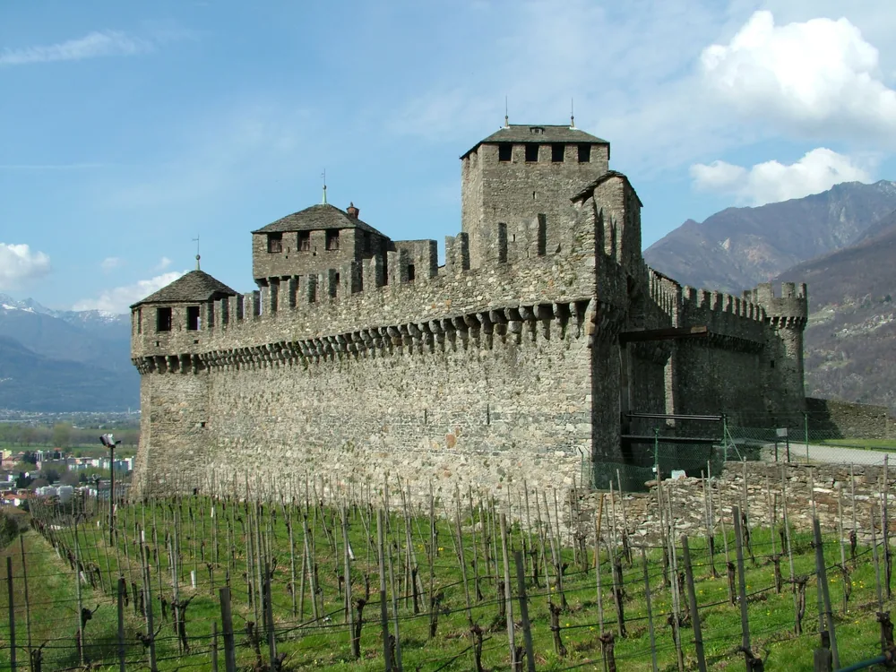 Castello di Montebello's round Venetian towers above Bellinzona, Ticino, Switzerland