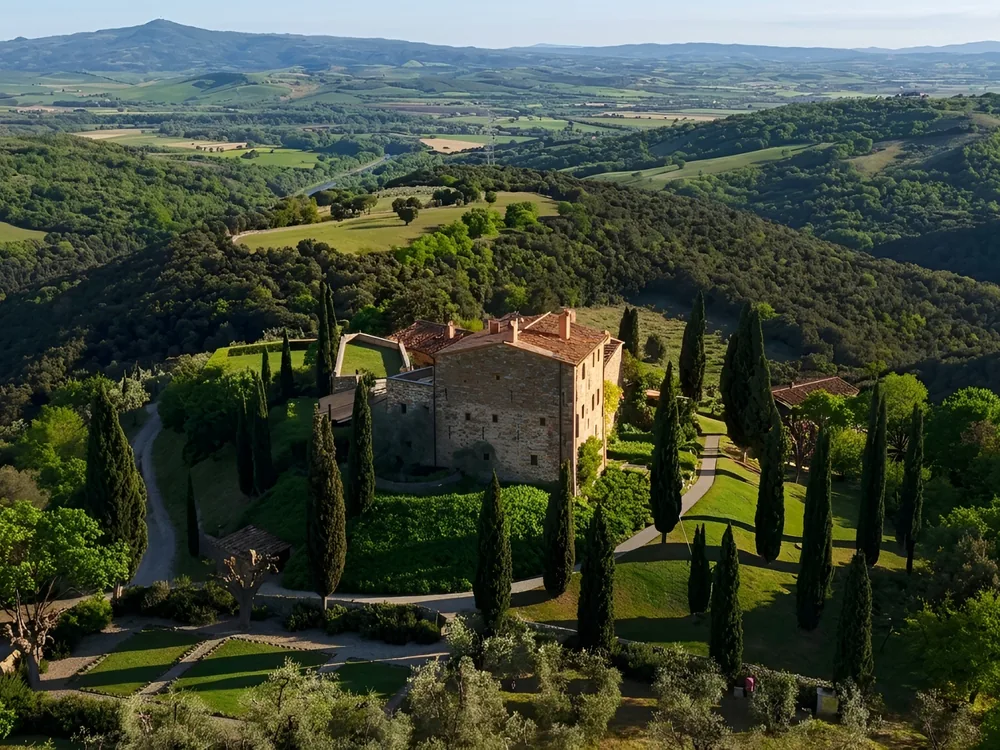 Castello di Vicarello, a 12th-century residence restored by the Baccheschi Berti family in the Tuscan Maremma, Italy