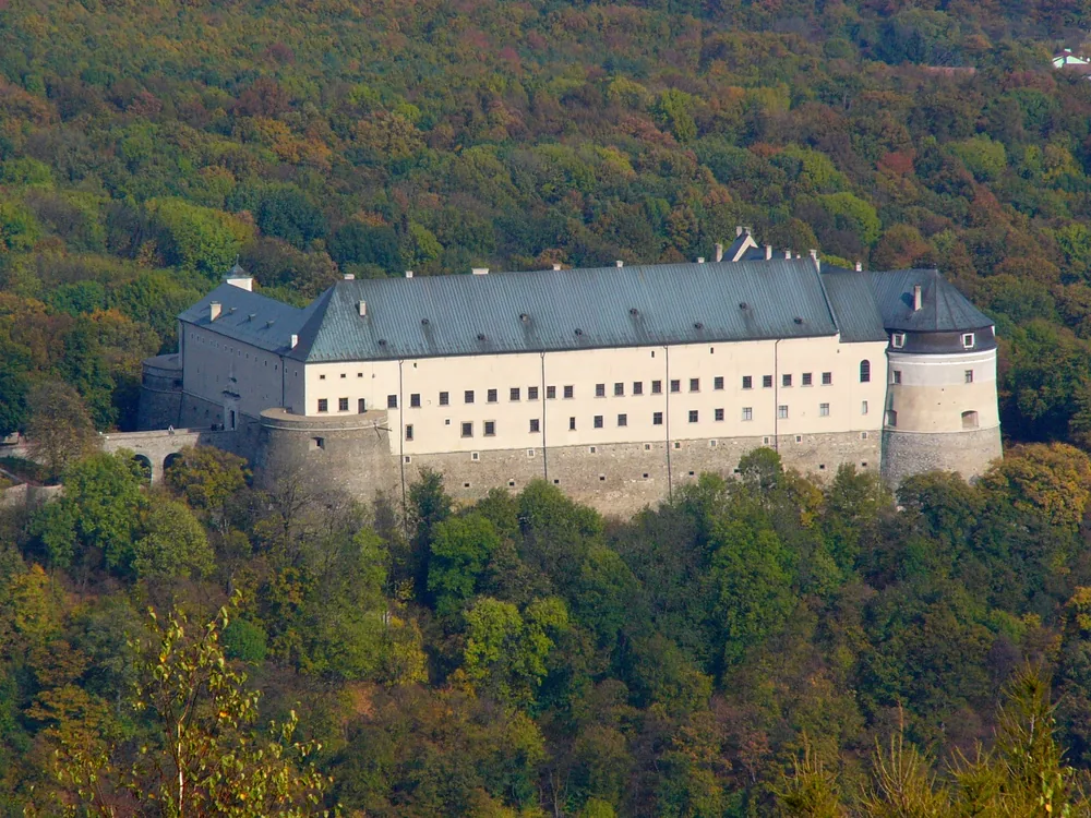 Červený Kameň Castle's massive Renaissance bastions rising above the Little Carpathian foothills near Bratislava, Slovakia