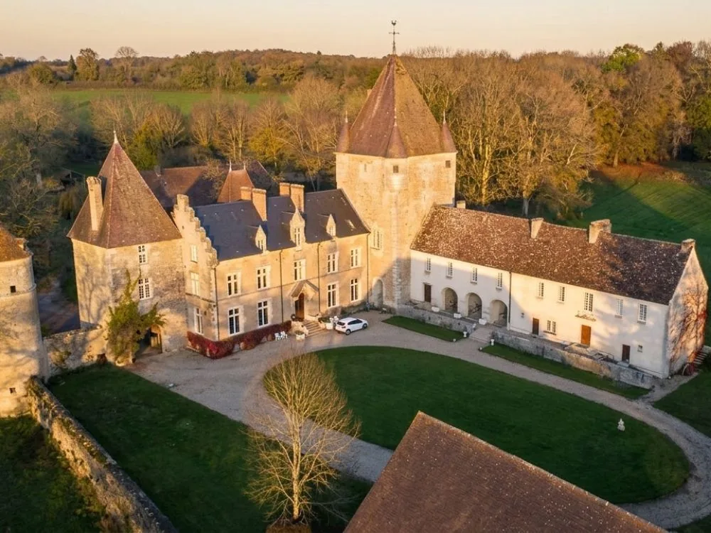 Château de Corabœuf donjon with cylindrical corner turrets on the Val-Mont estate near Cussy-la-Colonne, Côte-d'Or, Burgundy