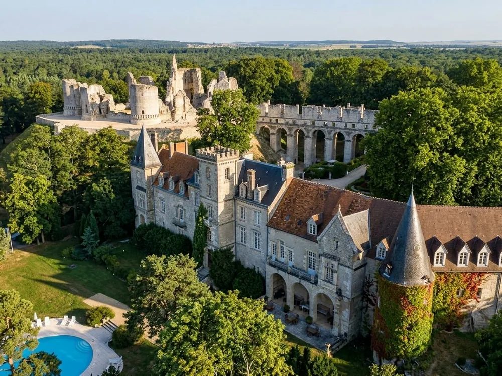 Château de Fère, a restored 1863 hotel château beside the ruins of a 13th-century fortress, Fère-en-Tardenois, France