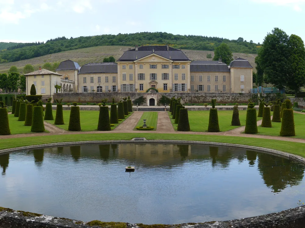 Château de La Chaize in Odenas, Beaujolais — the 1676 Jules Hardouin-Mansart estate above Mont Brouilly with its Classical façade and vine-covered hillside grounds
