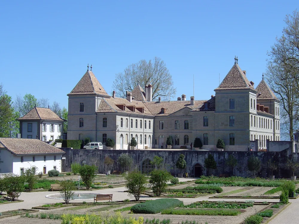 The Château de Prangins above Lake Geneva, a well-proportioned 18th-century Swiss château surrounded by its estate grounds and vineyards