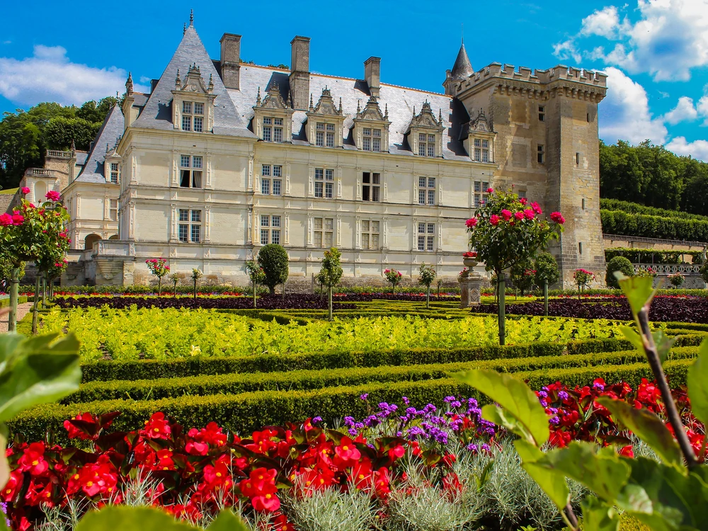 The geometric parterres of Château de Villandry's ornamental kitchen garden seen from the terrace above, with the Renaissance château in the background