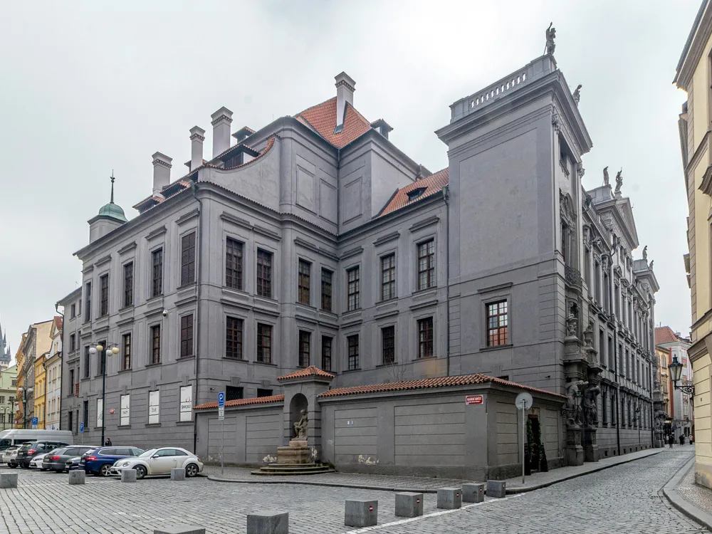 Clam-Gallas Palace (Palác Clam-Gallasů) on Husova Street in Prague Old Town — Fischer von Erlach's Baroque palace with Braun's Hercules portal sculptures, Prague, Czech Republic