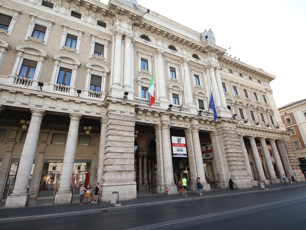 Palazzo Colonna (Colonna Palace) in Rome — the Great Gallery with its Baroque Lepanto ceiling frescoes and yellow marble columns, Piazza Santi Apostoli, Rome, Italy