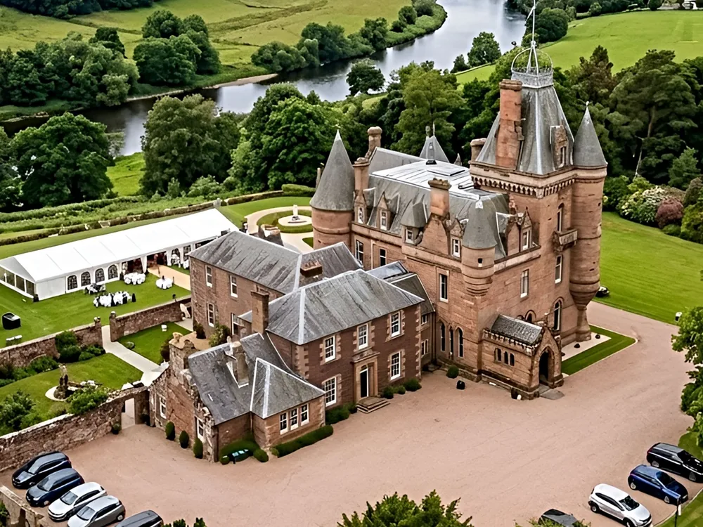 Cornhill Castle above the River Clyde near Biggar, Scotland, a French Renaissance-style château designed by William Leiper