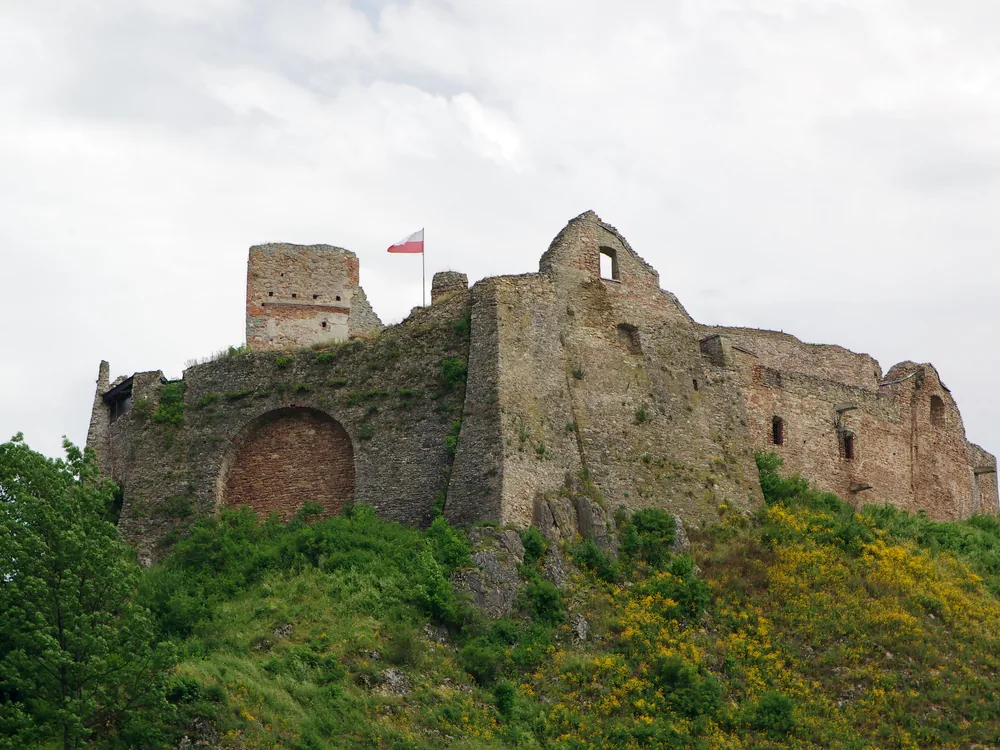 Czorsztyn Castle ruins on the limestone cliff above the Czorsztyn Reservoir, Pieniny National Park, Poland — with Niedzica Castle visible on the opposite bank across the alpine lake