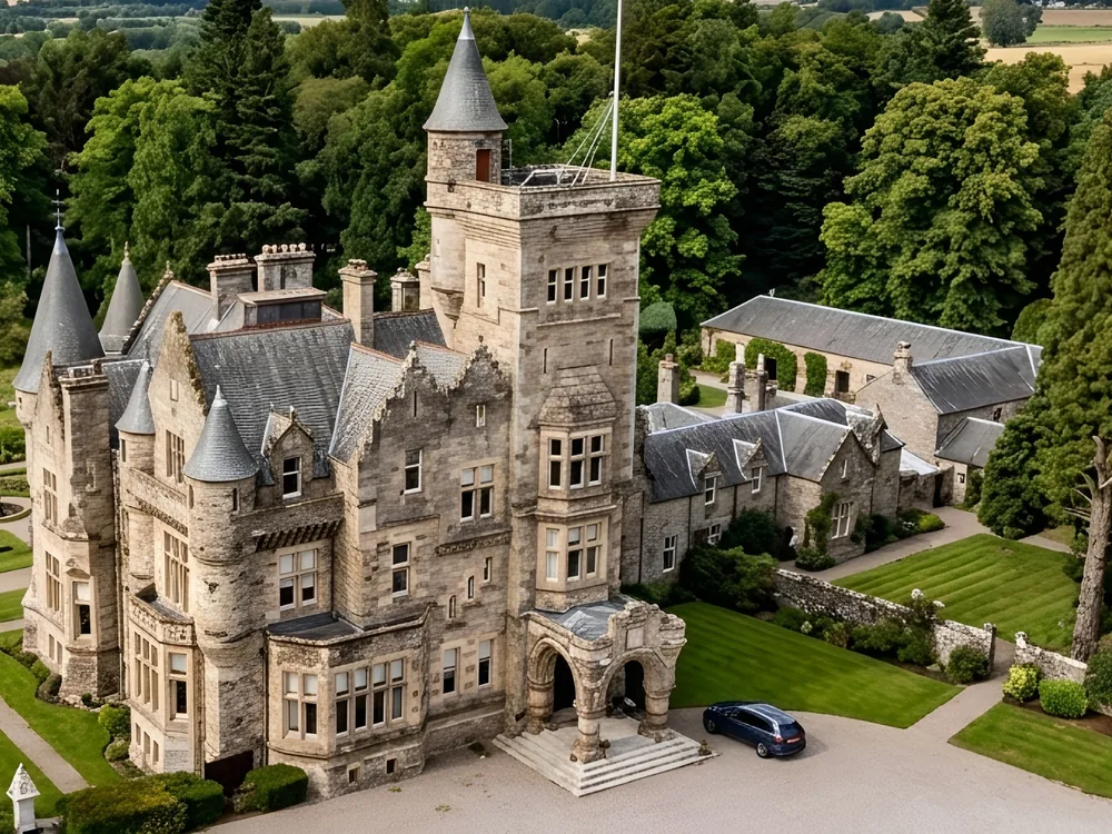 Dollarbeg Castle near Dollar, Clackmannanshire, Scotland, an 1887 Victorian Gothic Baronial mansion now offering exclusive-use apartments