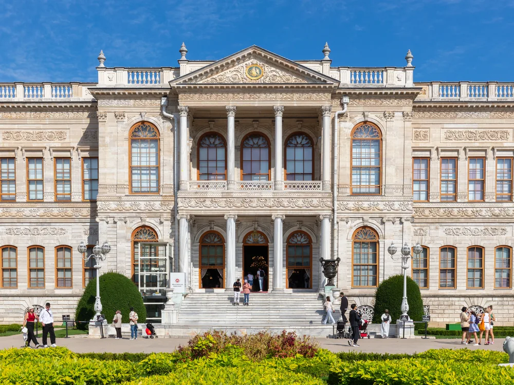 Dolmabahçe Palace on the European shore of the Bosphorus — the 1856 Ottoman imperial palace with its 600-metre waterfront colonnade in the Beşiktaş district of Istanbul