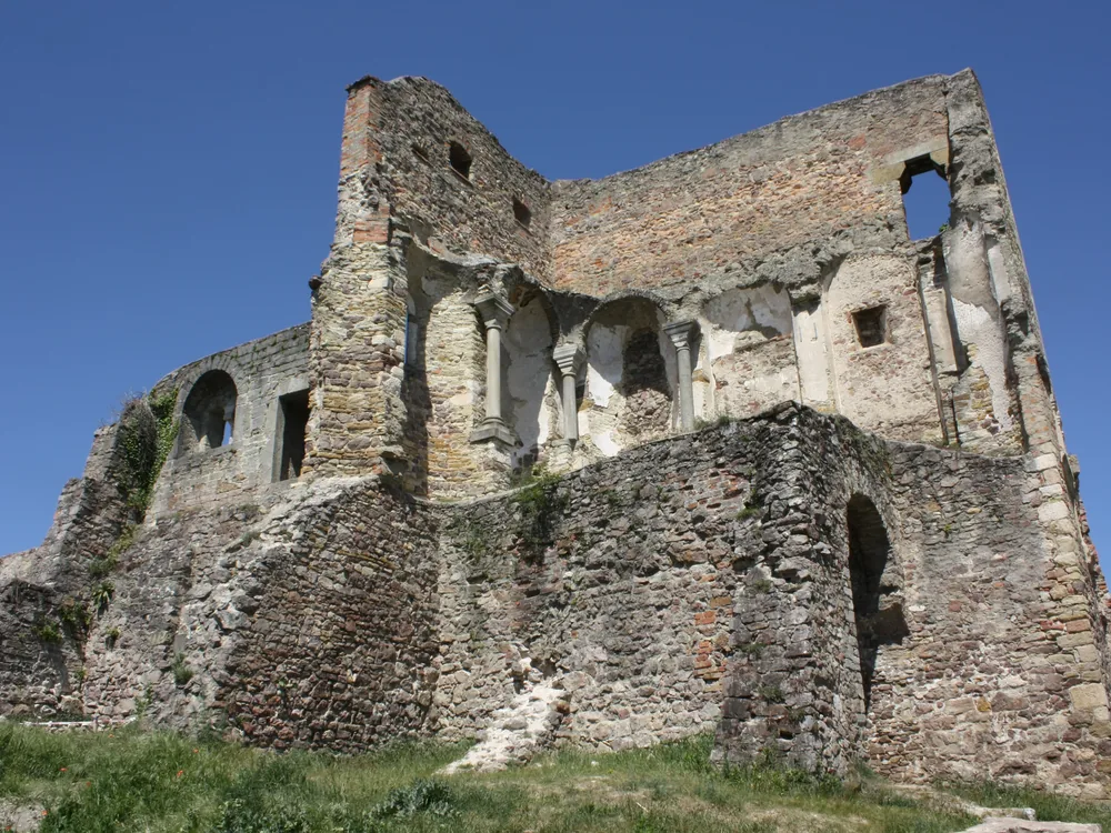 Donaustauf Castle ruin above the Bavarian town of Donaustauf, Germany — a hilltop fortress begun around 914–930 against Hungarian raids