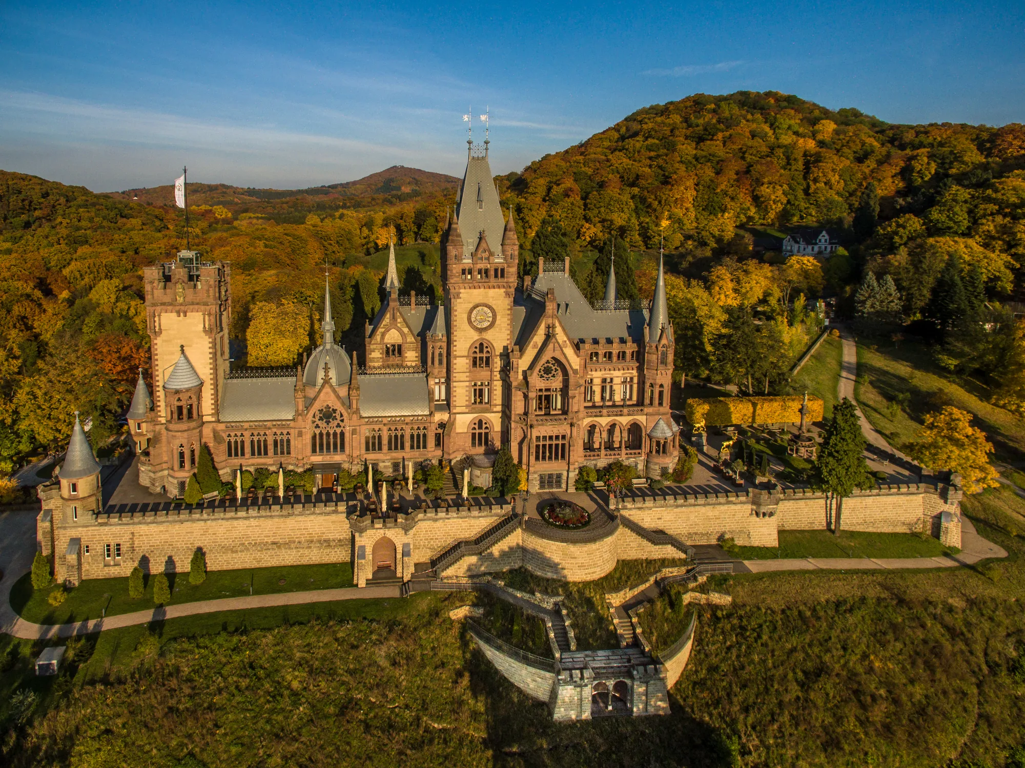 The neo-Gothic towers of Schloss Drachenburg on the Drachenfels ridge above the Rhine, Germany