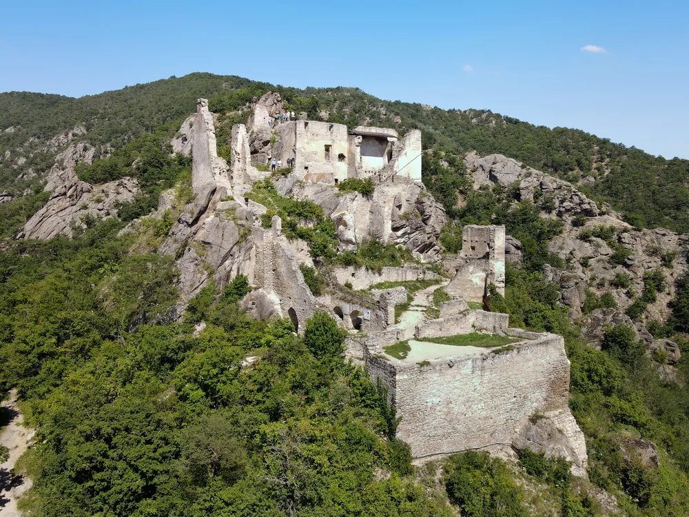 Dürnstein Castle ruins on the limestone crag above the Wachau Danube valley in Austria