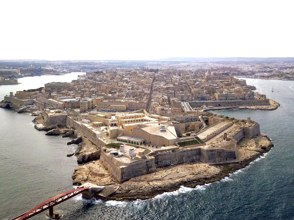 Fort St. Elmo at the tip of Valletta's Sciberras peninsula, Malta — the 1553 star-shaped fortress that held for 31 days in the 1565 Great Siege, now housing the National War Museum with the original George Cross medal