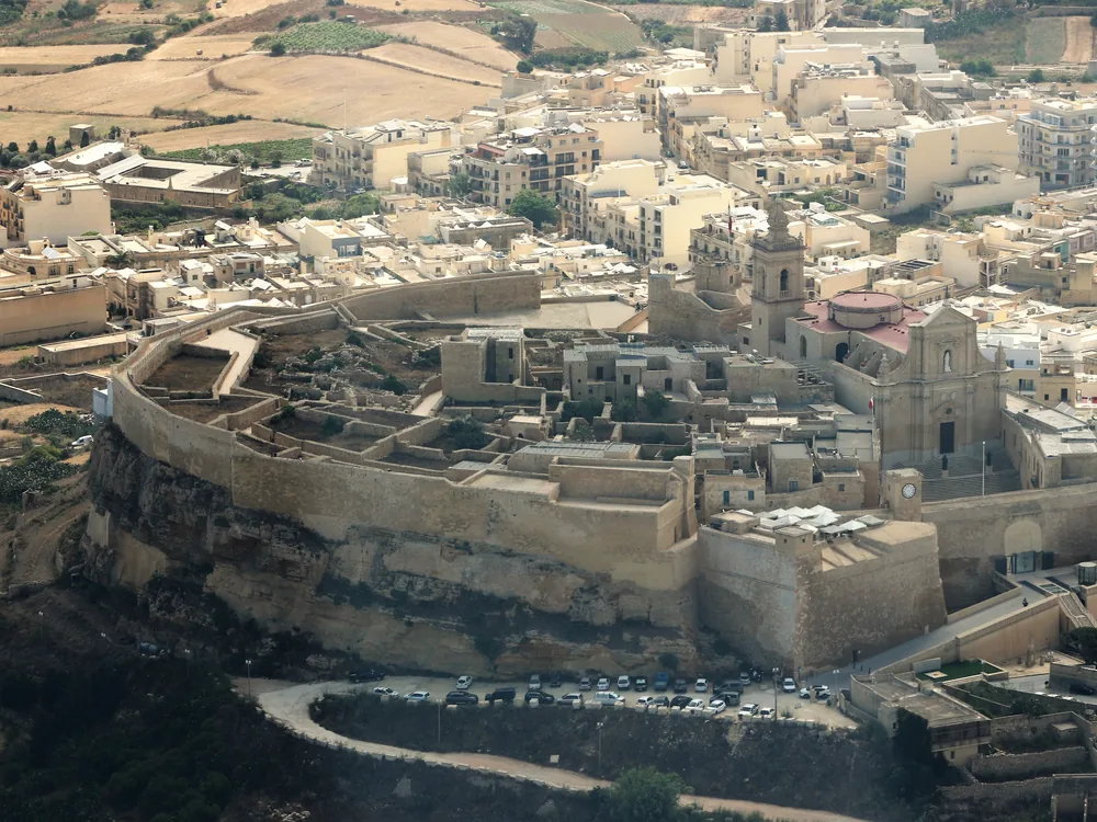 Gozo Citadel (Cittadella) above Victoria, Gozo, Malta — the fortified hilltop old city rebuilt by the Knights of St. John after the 1551 Ottoman raid, with panoramic views over the entire island of Gozo