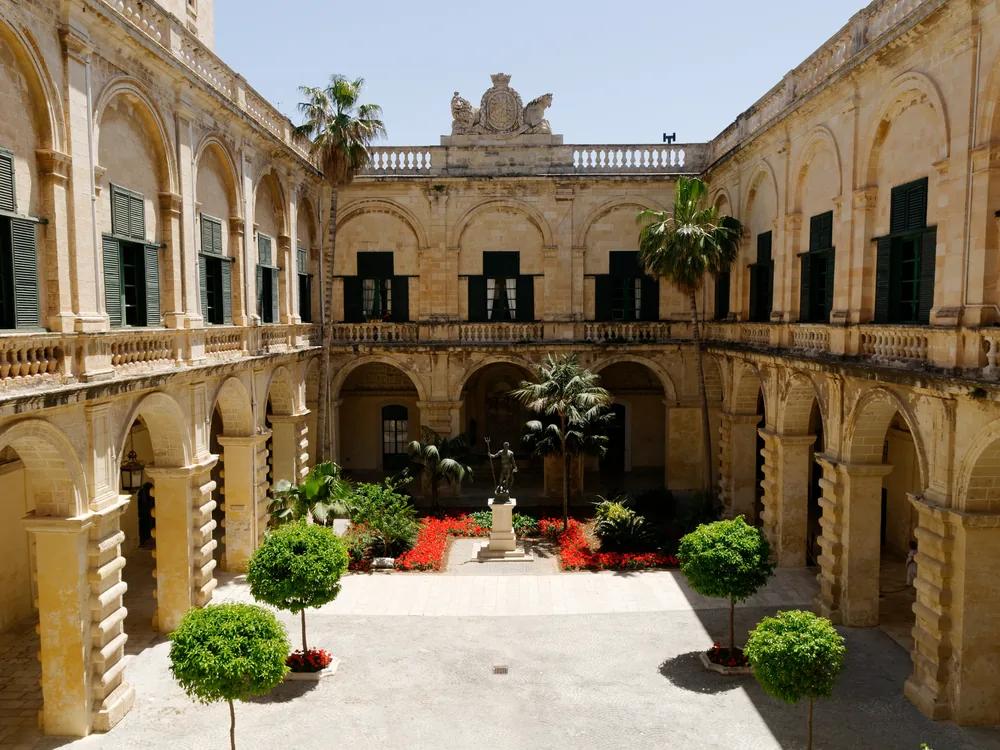 Grand Master's Palace on St. George's Square in Valletta, Malta — the 1571 Knights of St. John seat of power, housing the Palace Armoury's 5,000-piece armour collection and the President of Malta's state rooms