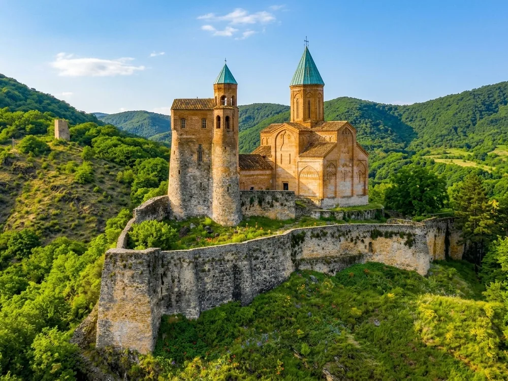 Gremi Citadel and Church of the Archangels on a rocky outcrop above the Alazani Valley in Kakheti, Georgia — the 1565 royal capital of the Kingdom of Kakheti, destroyed by Shah Abbas I in 1615