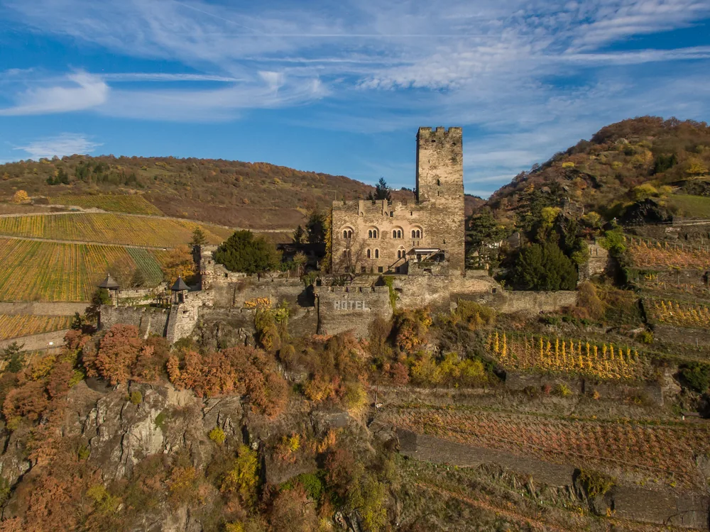 Gutenfels Castle on a cliff above Kaub and the Rhine, opposite Pfalzgrafenstein Castle, Rhineland-Palatinate, Germany