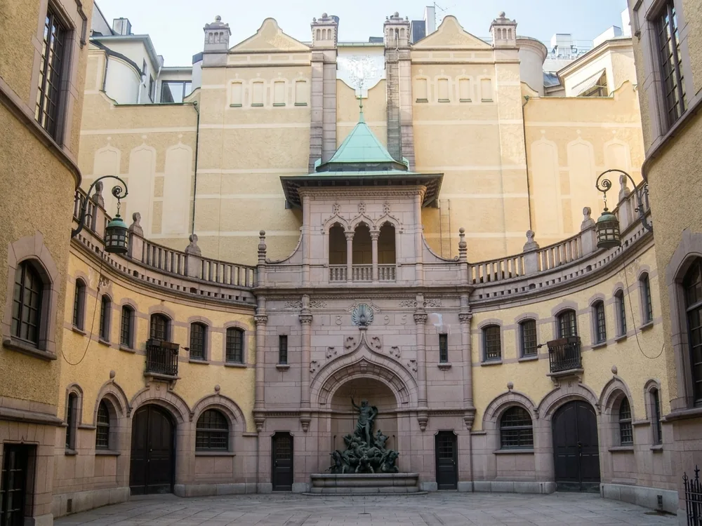 Hallwyl Palace interior courtyard in central Stockholm — the neo-Renaissance private palace of Count and Countess von Hallwyl, preserved intact with 70,000 objects as the Hallwyl Museum