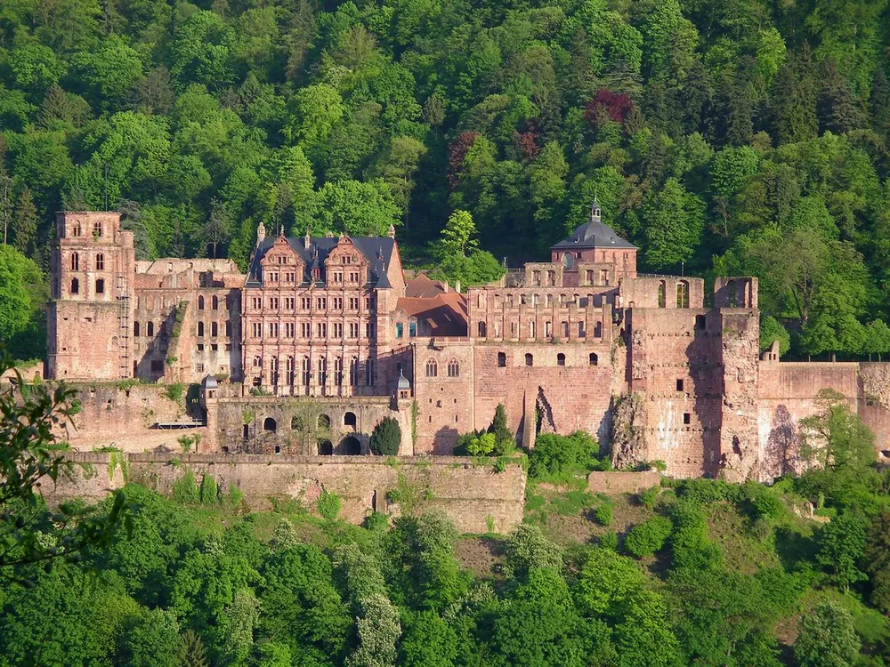Heidelberg Castle ruins rising above the forested hillside above Heidelberg's baroque Old Town and Neckar river