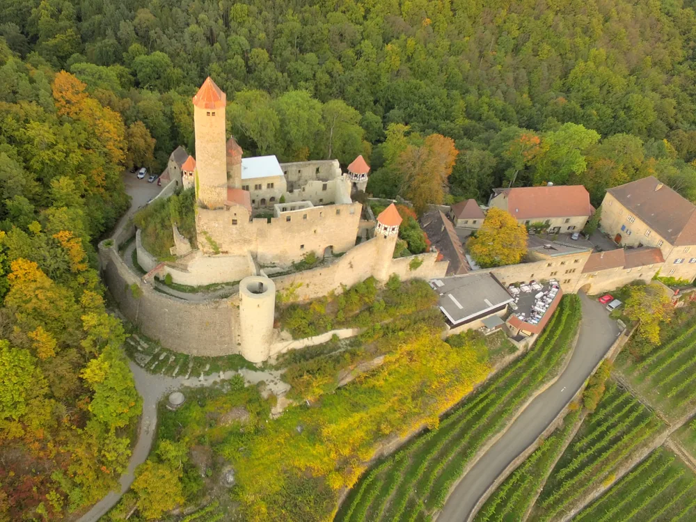 Hornberg Castle above the Neckar valley in Neckarzimmern, Baden-Württemberg, Germany, home of Götz von Berlichingen