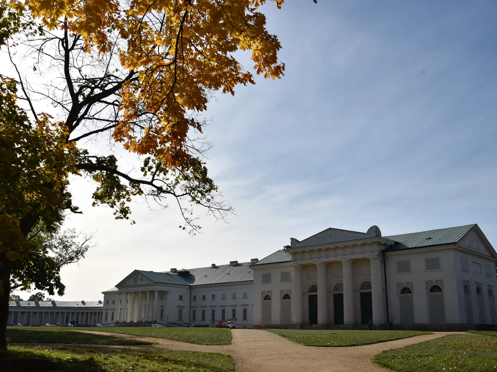 Kačina Castle (Zámek Kačina) near Kutná Hora, Central Bohemia, Czech Republic — the Empire-style neoclassical château with curved colonnaded wings and the English landscape garden, the finest example of the Empire style in the Czech Republic