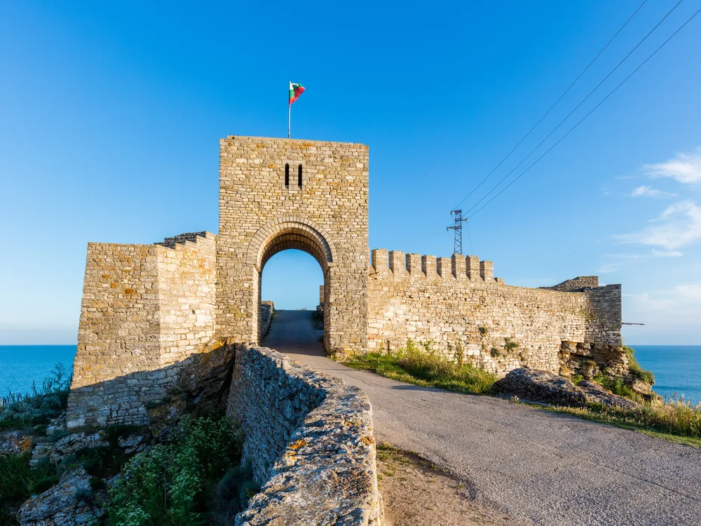 Kaliakra Fortress on Cape Kaliakra, Bulgaria — the clifftop ruins of the medieval Bulgarian fortress on a narrow Black Sea promontory with 70-metre drops to the sea below