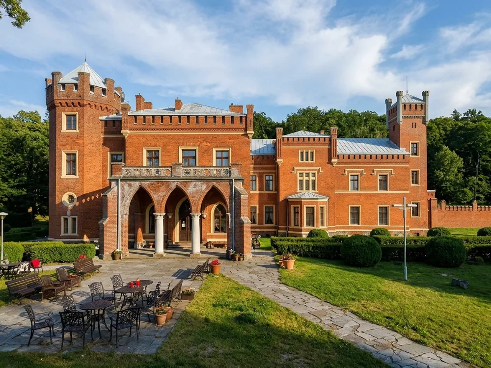 Karnity Castle beside Lake Kocioł in Warmia-Masuria, Poland — a mid-19th-century red-brick neo-Gothic castle, now a hotel