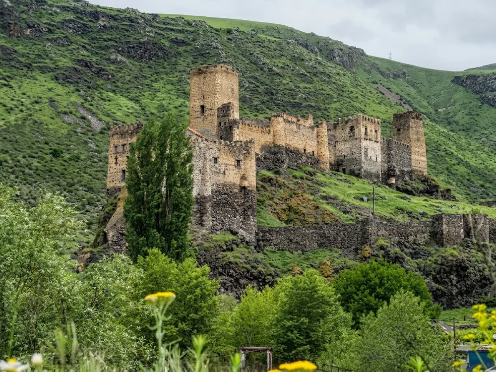 Khertvisi Fortress on its sheer rocky promontory at the confluence of the Mktvari and Paravani rivers in Samtskhe-Javakheti, Georgia — one of Georgia's oldest documented fortresses, dated to 914 CE