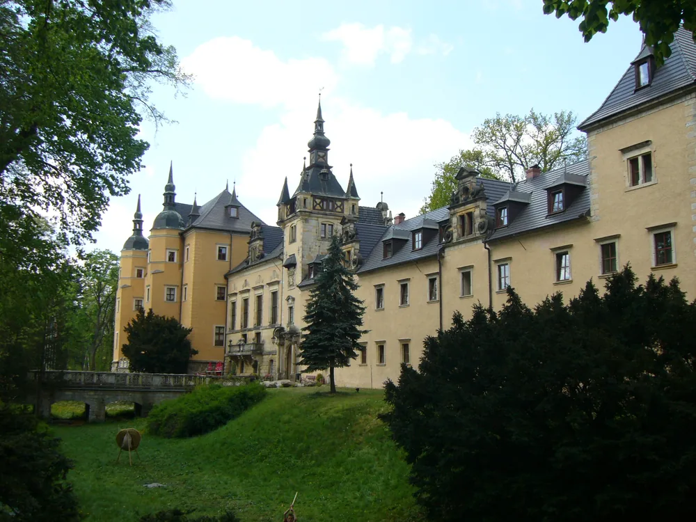 Kliczków Castle in Lower Silesia, Poland — a neo-Renaissance and neo-Gothic residence built around two courtyards on a 13th-century stronghold site