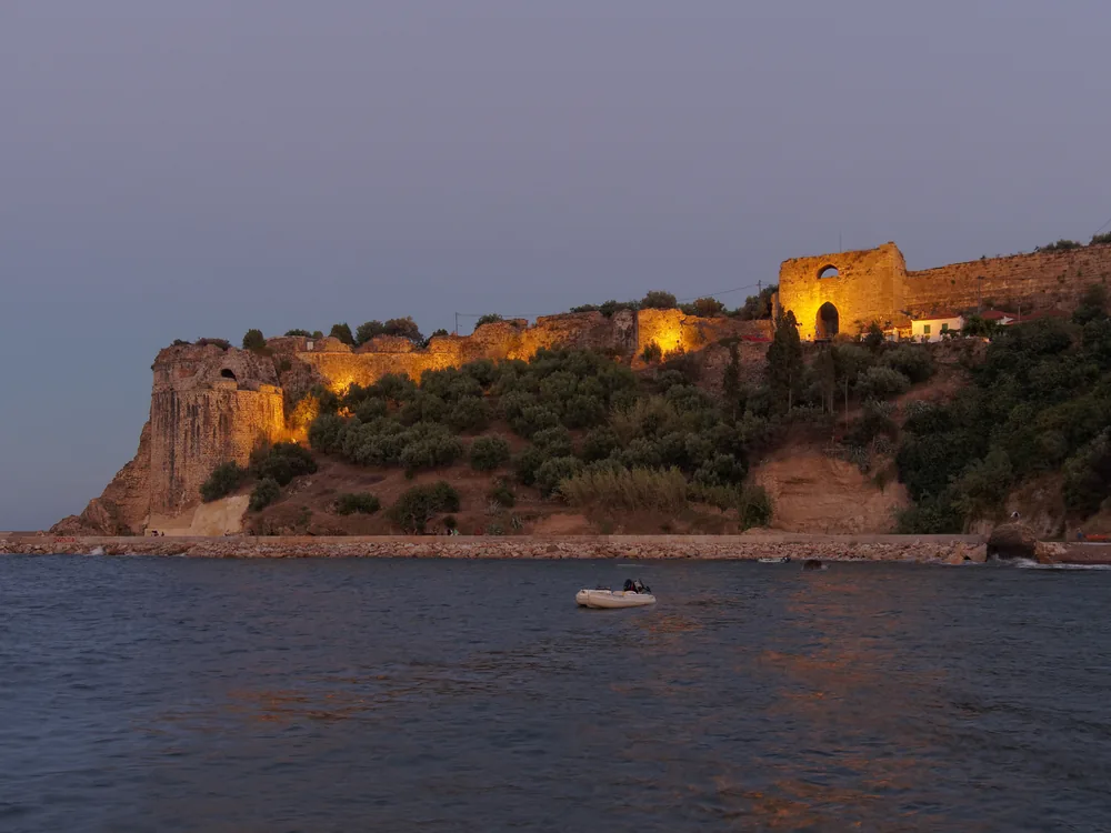 Koroni Castle — the Venetian fortification at the southern tip of the Messenian peninsula, with the monastery of Timios Prodromos inside the walls and views over the Messenian Gulf, Peloponnese, Greece