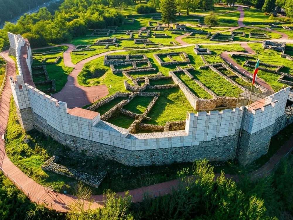 Krakra Fortress ruins on the hilltop above Pernik, Sofia Province, Bulgaria — the 10th-century medieval Bulgarian stronghold associated with voivode Krakra's defense against Byzantine siege