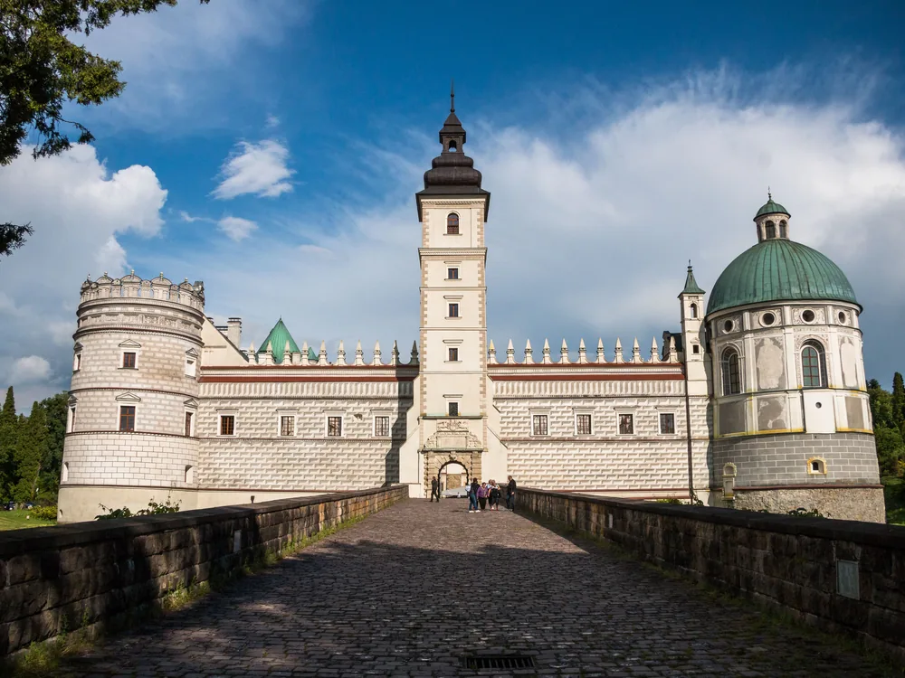 Krasiczyn Castle near Przemyśl, Poland — a Renaissance castle with four named towers and extensive sgraffito decoration