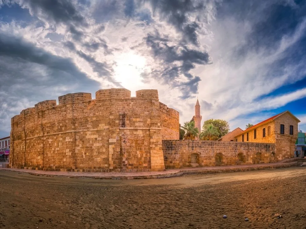 Larnaca Castle at the southern end of the Finikoudes waterfront — the Ottoman harbour fort with Lusignan foundations, housing the Medieval Museum of Larnaca