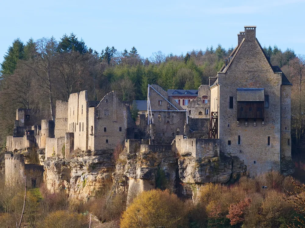 The ruins of Larochette Castle's twin medieval fortresses above the Mullerthal, Luxembourg