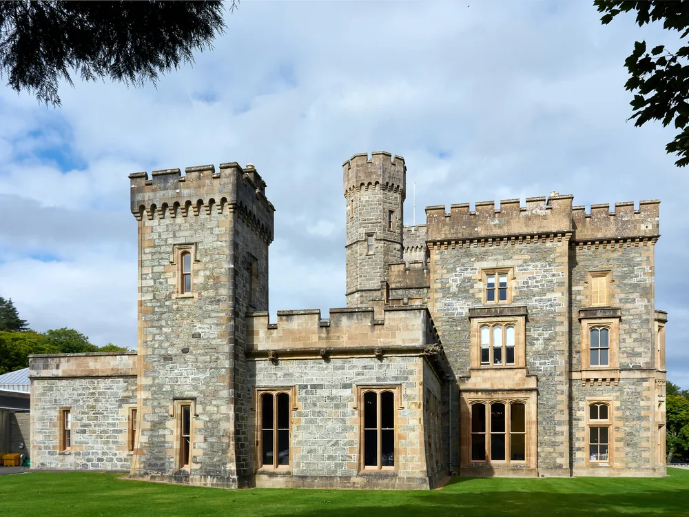 Lews Castle above Stornoway harbour on the Isle of Lewis, Scotland, a Gothic Revival mansion connected to Museum nan Eilean
