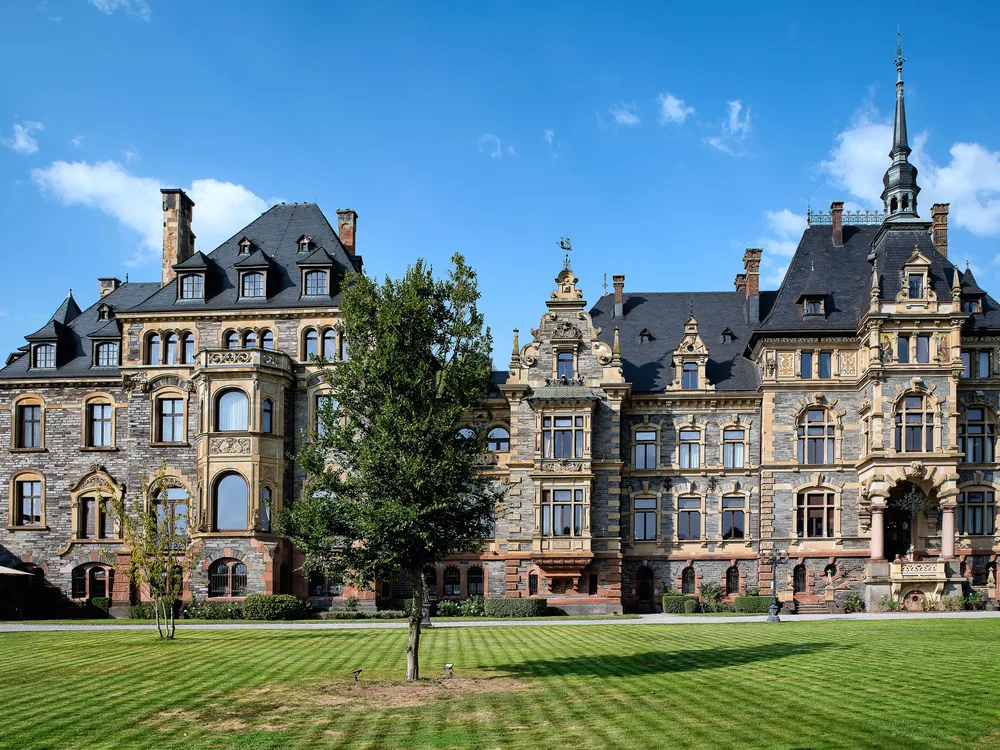 Lieser Castle (Schloss Lieser) on the Moselle River, Rhineland-Palatinate, Germany, a Neo-Renaissance riverside mansion