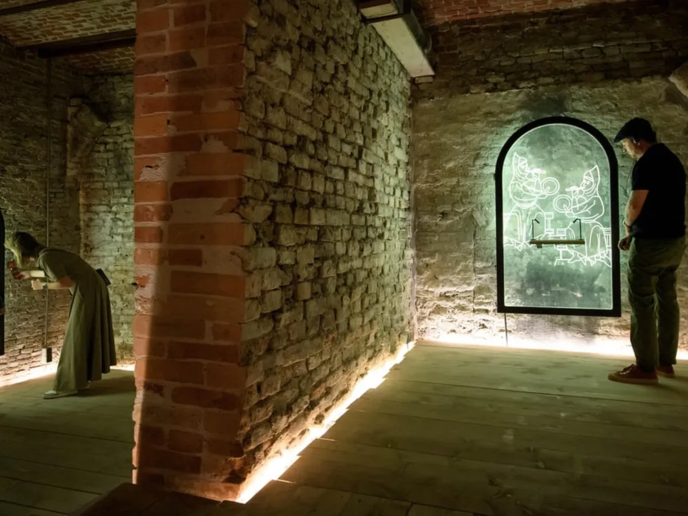 The underground Romanesque walls of Lofen Palace beneath Domplein in Utrecht, Netherlands