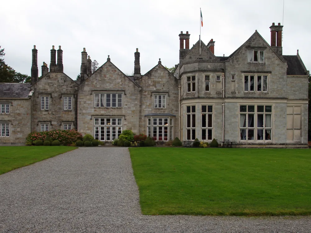 Lough Rynn Castle on the shore of Lough Rynn, County Leitrim, Ireland, the neo-Tudor seat of the Earls of Leitrim