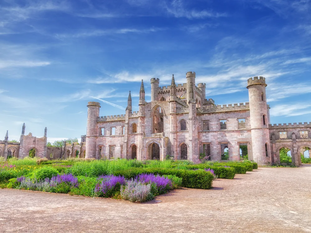 The roofless Gothic Revival ruins of Lowther Castle above the Eden Valley, Cumbria, England