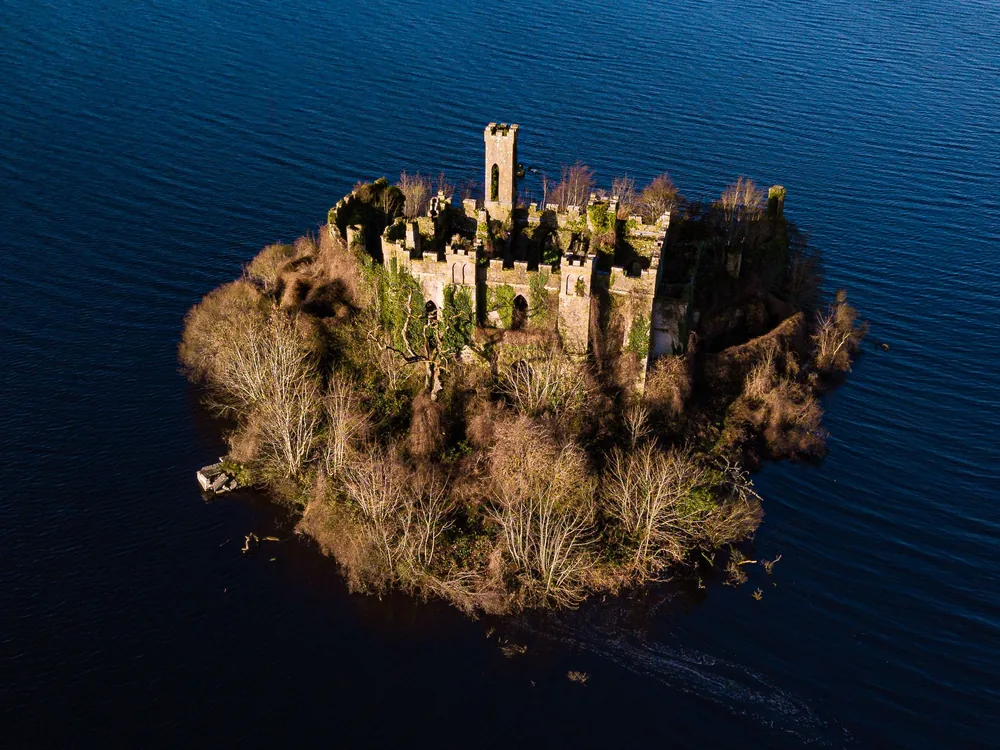 McDermott's Castle ruins on Castle Island in Lough Key, viewed from the lake at dawn with woodland on the surrounding shores