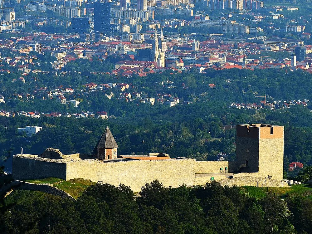 Medvedgrad Fortress on the forested slopes of Medvednica Mountain above Zagreb, a medieval double-walled fortification built after the 1242 Mongol invasion, Croatia