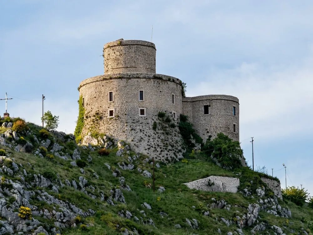 Montesarchio Castle above the Caudine Valley, Campania, Italy — an Aragonese-era castle now home to the Museo Archeologico del Sannio Caudino