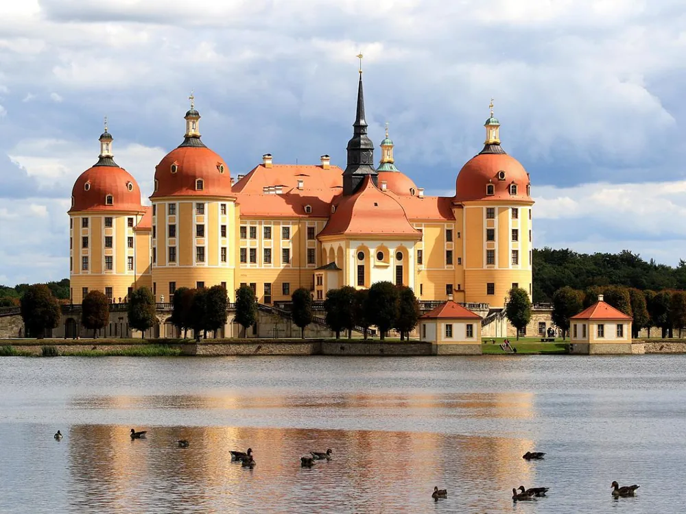 Moritzburg Baroque palace reflected in the surrounding lake in Saxony