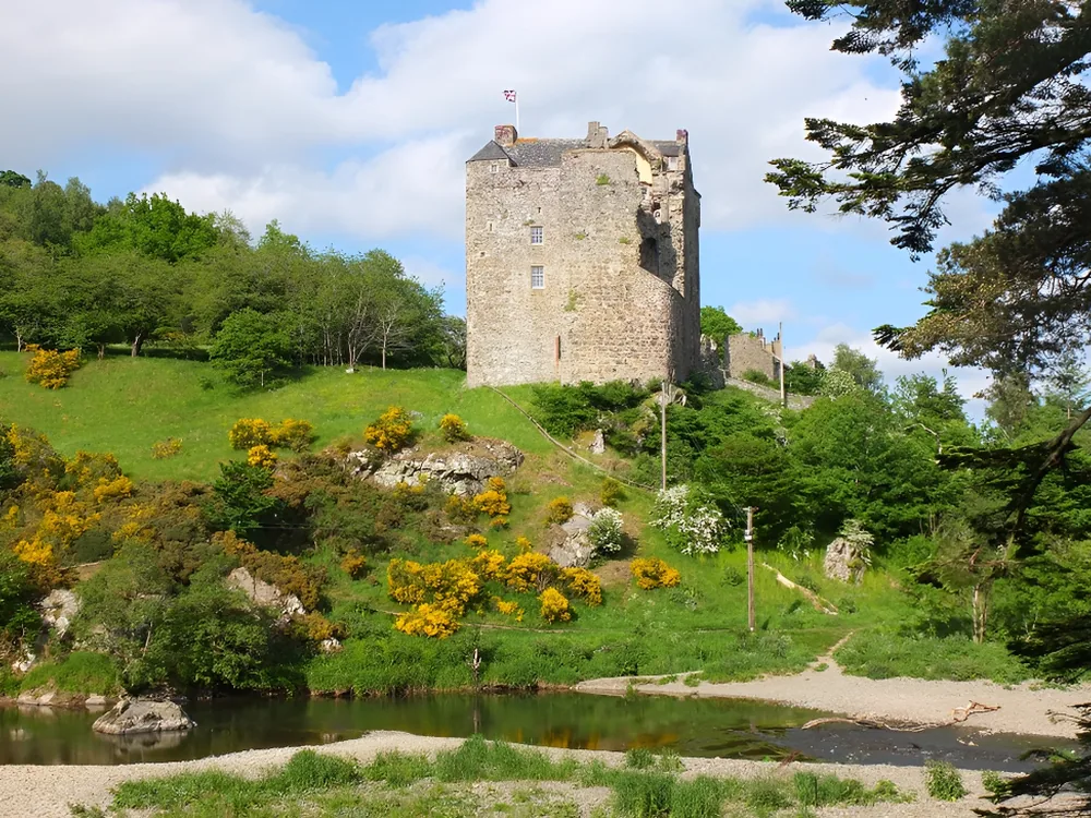 Neidpath Castle above the River Tweed near Peebles, Scotland, a genuinely unrestored 14th-century tower house