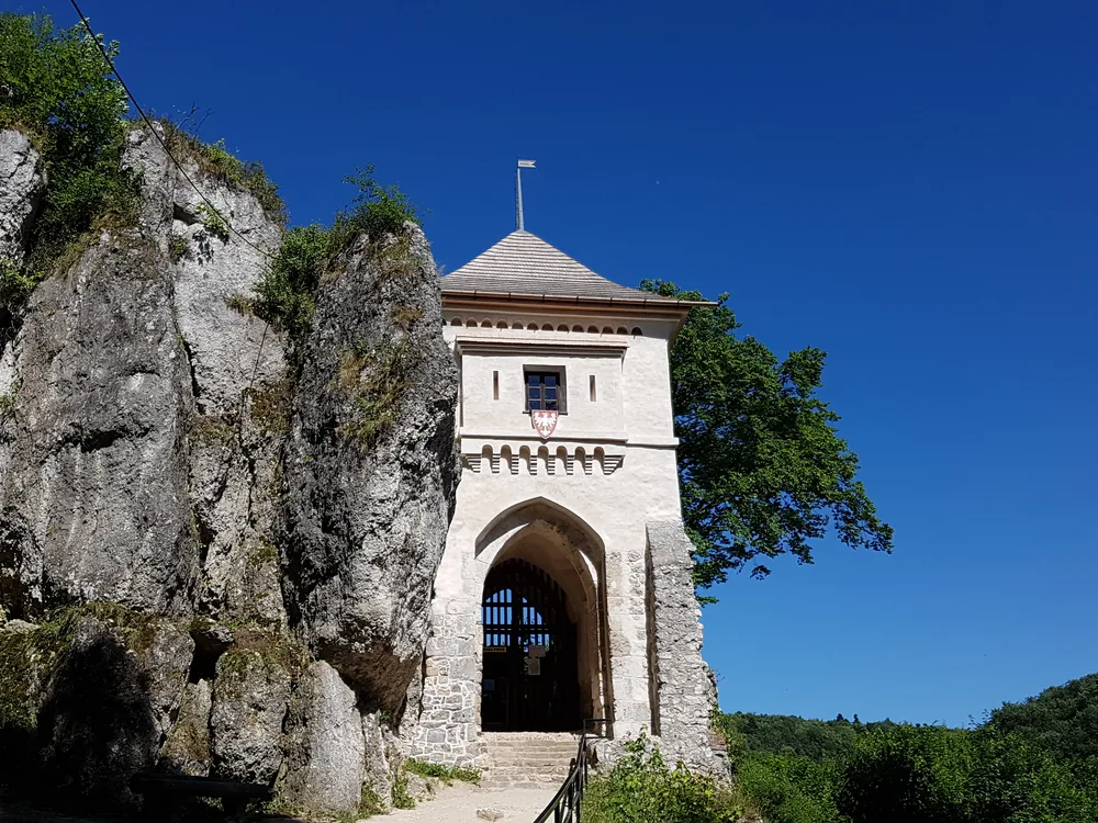 Ojców Castle ruins on their limestone platform above the Prądnik river valley in Ojców National Park — the octagonal Baszta Łokietka tower and Gothic gatehouse fragments of Casimir the Great's Eagles' Nests fortress