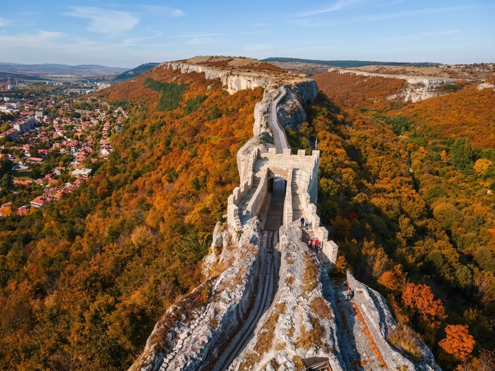 Ovech Fortress on its natural rock plateau above the Provadia River gorge, Varna Province, Bulgaria — the medieval Bulgarian cliff-top stronghold approached via the stone bridge spanning the ravine