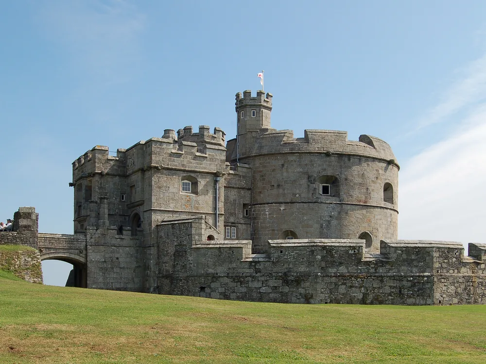 Pendennis Castle on Pendennis Point, Falmouth — Henry VIII's Tudor artillery fort overlooking Falmouth Bay and the Carrick Roads, with St Mawes Castle visible on the opposite shore, Cornwall, England